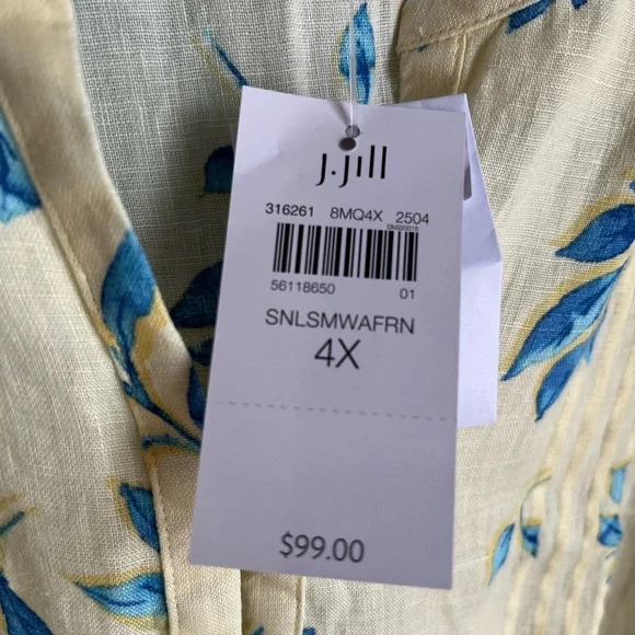 Light 4x Yellow  Pintuck Blouse with Blue Leaf Print. 💯 linen NWT. - Picture 5 of 10